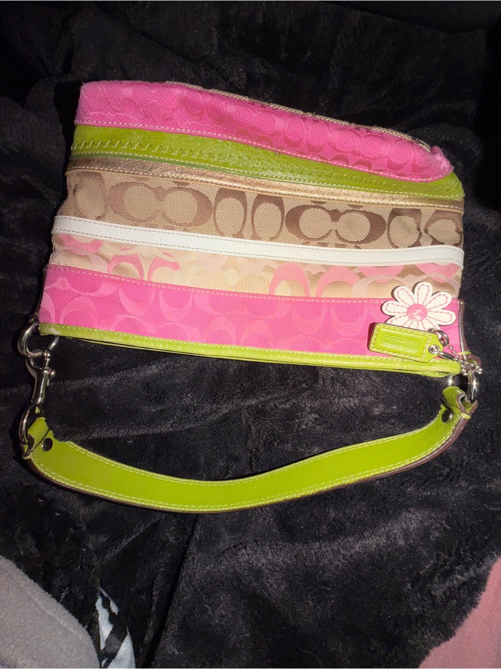 Coach Pink, Beige & Lime Signature Stripe Wristlet vintage rare bag